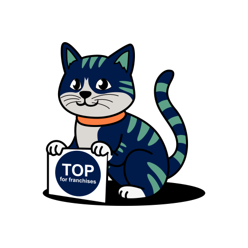 Cat holding a sign saying TOP for franchises